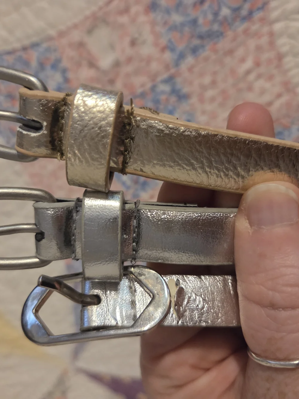 Set of 3 small size 4 faux leather silver & gold toned belts thin some cracking